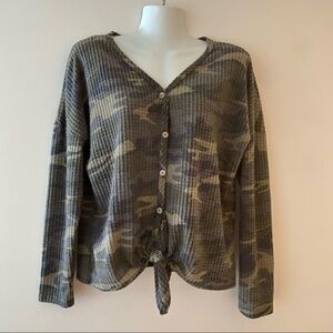 Altar’d state cardigan in army green camo button down bottom tie